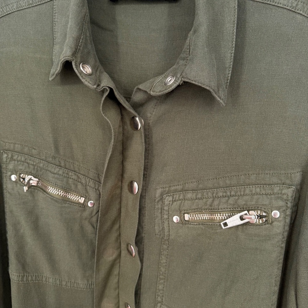 The Kooples Jeans Utility Jumpsuit Olive Green Linen Blend Belted Snap Front 2 M - Picture 9 of 16